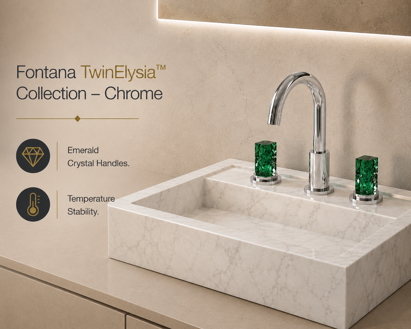 Fontana TwinElysia Chrome Thermostatic Two Handle Bathroom Faucet with Crystal Handles